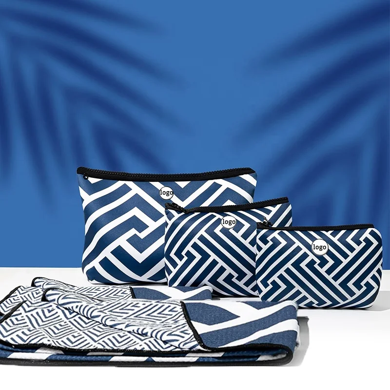 FREE SOUL customized OEM design printed summer vacation waffle beach bag and towel set with zipper pocket