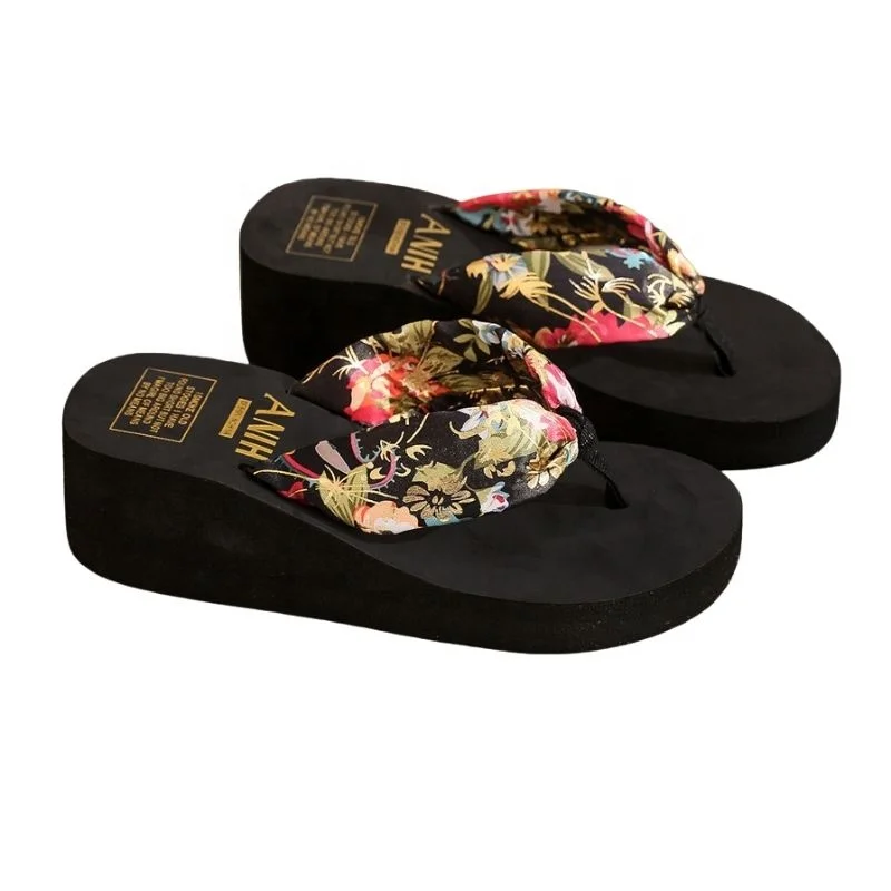2023 New Summer Slippers Women Flip-flops Slippers Fashion Belt Casual High-heeled Beach Bohemian Satin Ladies PVC Polyester TPU