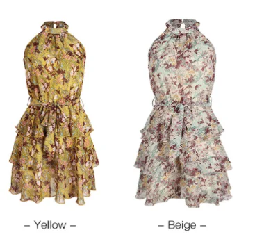 
2021 Hot Sale Elegant Casual Chiffion Plants & Floral Spaghetti Strap Blackless Elasticated Waist Short A Line Dress 