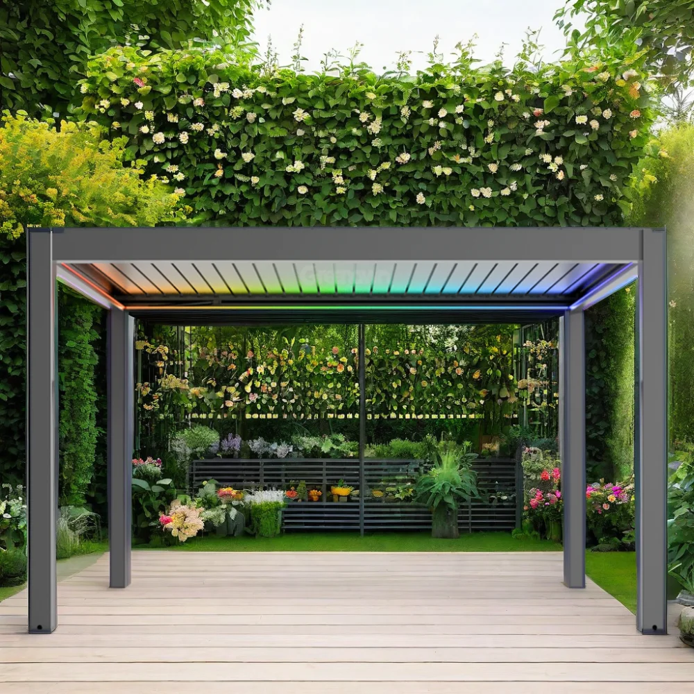 Terrace roof garden gazebo metal aluminium pergola bioclimatic with RGB light