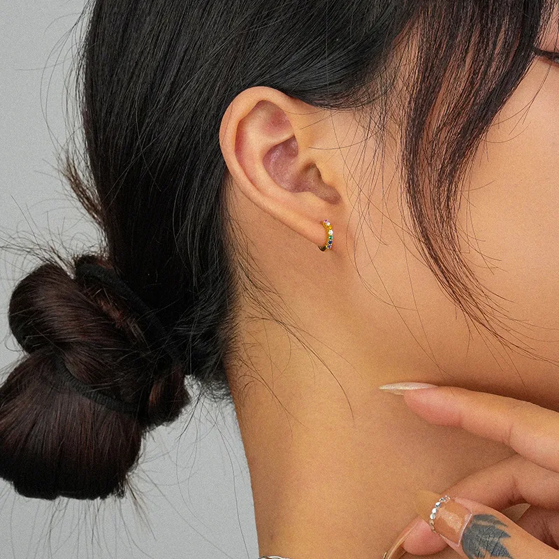 Wish Jewelry Ins Style Sterling Silver Colorful Zircon Hoop Earrings Ear Buckle Gold S925 Silver Rainbow CZ Clip on Earring for Ladies
