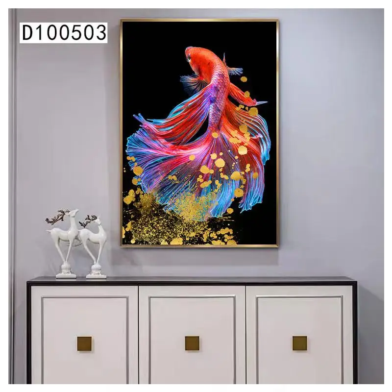 High Quality Indoor Wall Painting Senior Colorful Fish Animal Painting Canvas Crystal Porcelain Painting