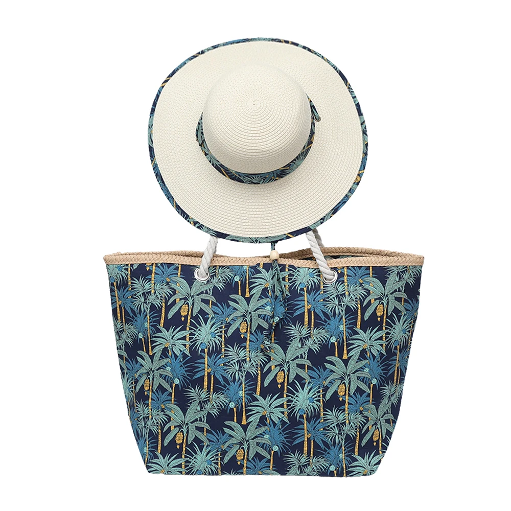 Custom Trendy Women Matching Design Printed Pattern Canvas Tote Bag Personalised Beach Girls Summer Beach Bag And Hat Set