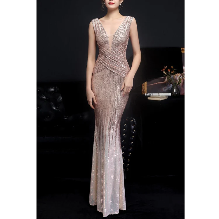 2021 Fashion Ladies Sequins Upper A-Line Sleeveless Dress Modern Evening Dresses