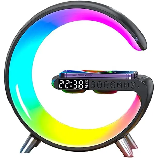 2023 N69 15W LED Atmosphere RGB Light Wireless Charger Alarm Clock Desk Lamp BT Audio With APP Control