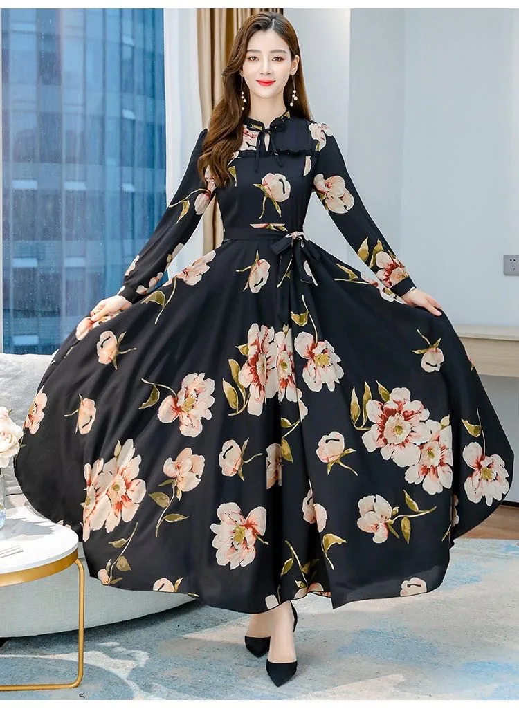 Women Maxi Standard Floral Summer long dress lady long sleeves printing  flowers fashion Dresses