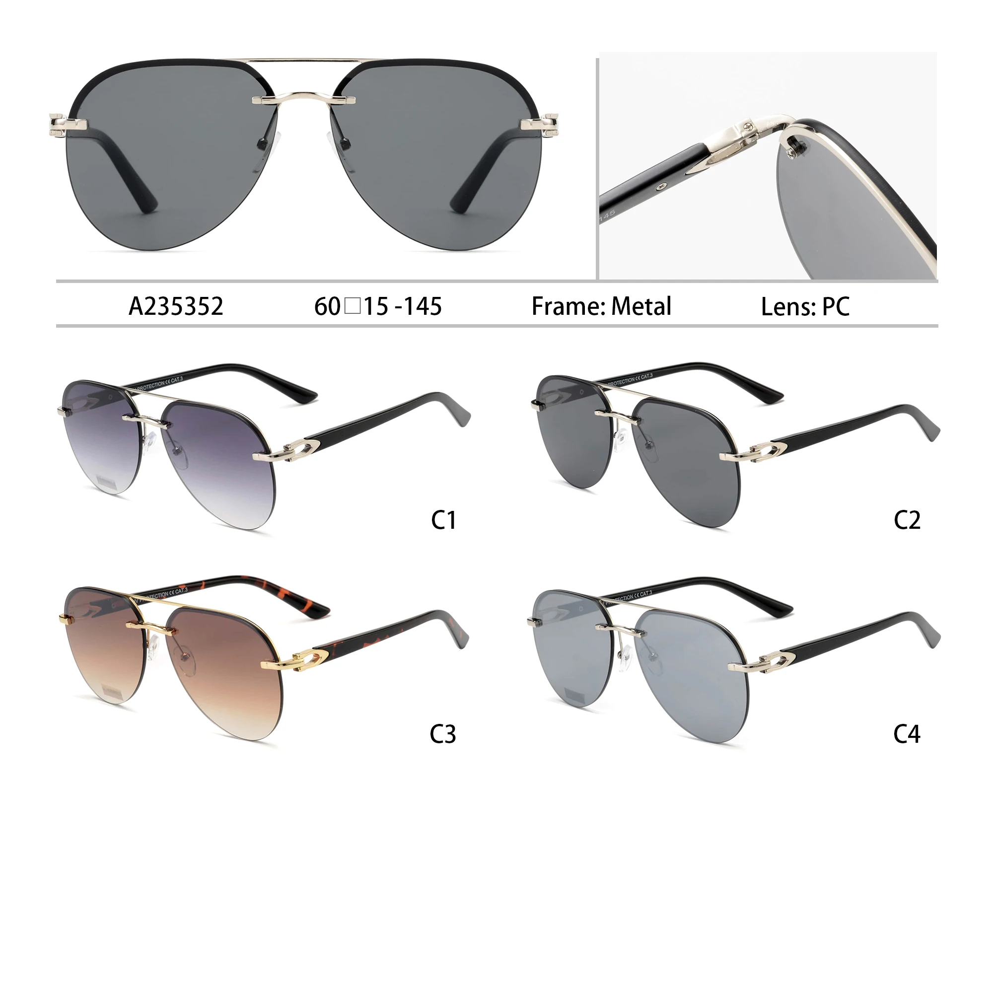 Fashion Trendy Aviation Semi Rimless Metal Frame UV400 Shades Sun Glasses Sunglasses for Men