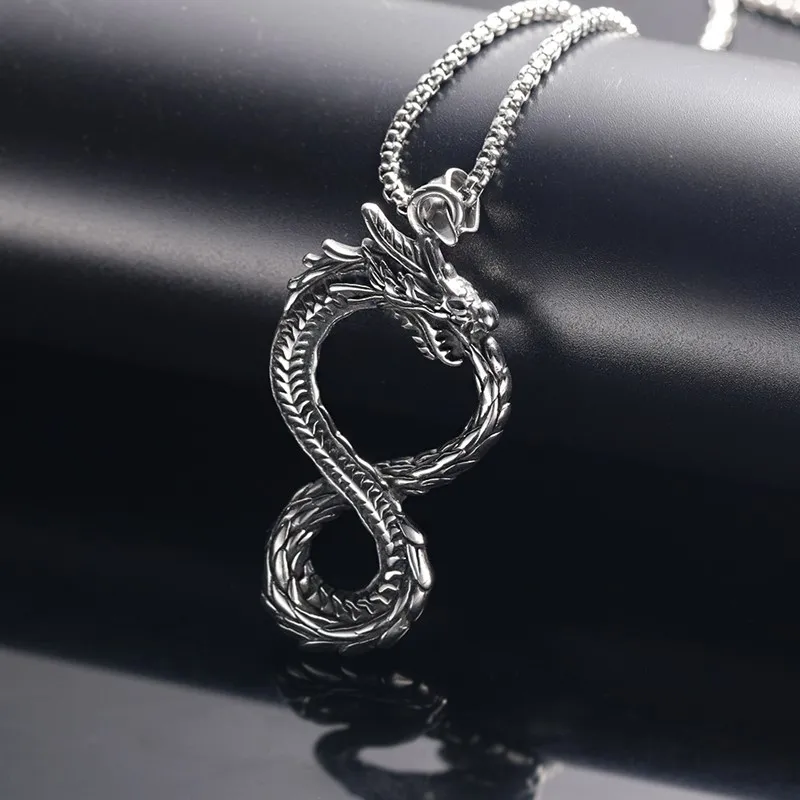 Vintage Silver Plated Dragon Pendant Necklace Unisex Stainless Steel Jewelry with Dragon Charms for Party Gifts for Men Women