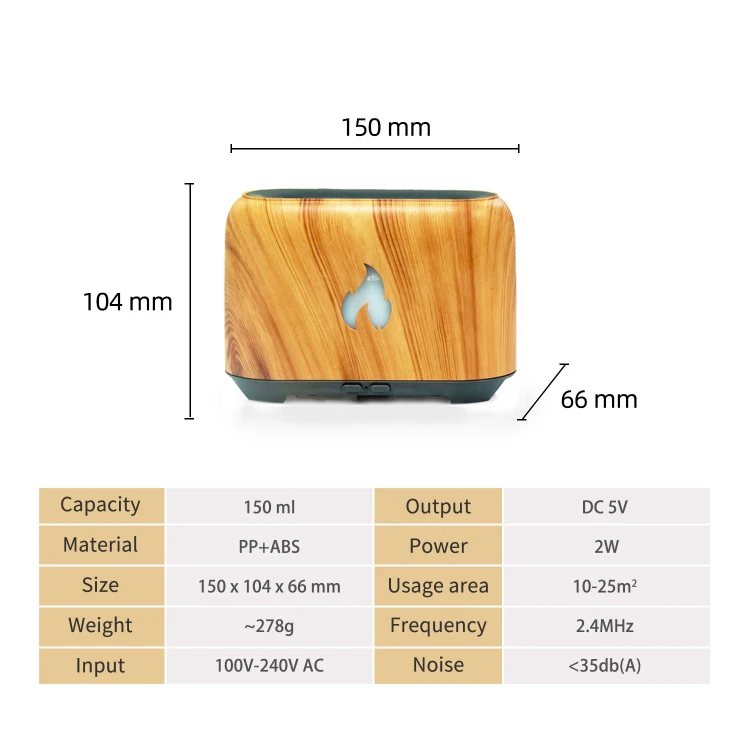 Wood Grain 7 Color LED 150ml Aromatherapy Essential Oil Diffuser Ultrasonic 3D Fire Flame Air Humidifier Aroma Diffuser