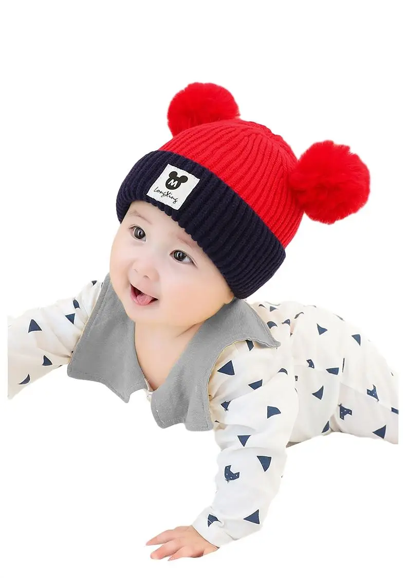 Soft Warm Baby Kids Knitting Hat Cotton Beanie Hat With Big Pompom Hat