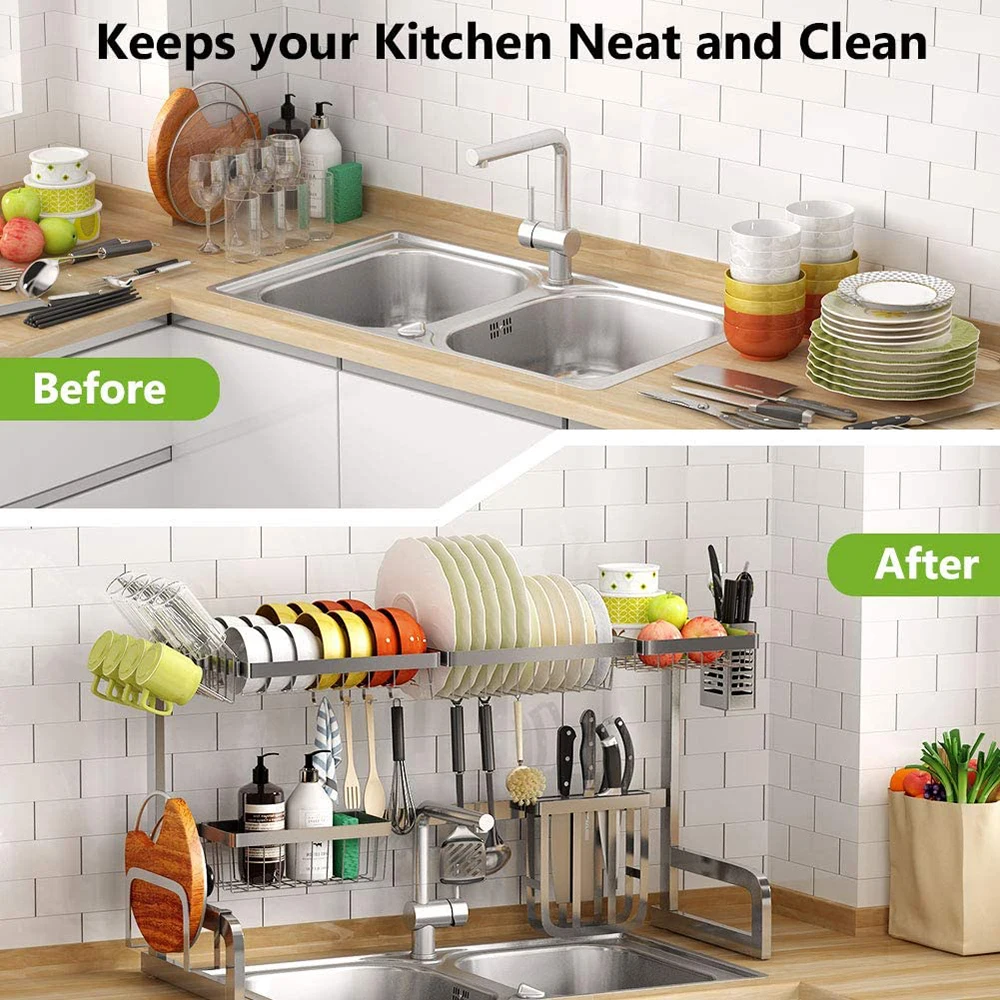 Over the Sink Dish Drying Rack Adjustable 2-Tier Large Dish Dryer Rack for Kitchen Organizer Storage Space Saver