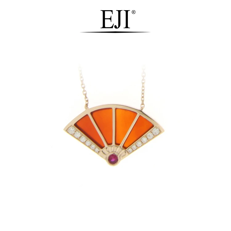 18K Rose Gold Red Agate Ruby Diamond Asian Fan Necklace | Oriental Motif