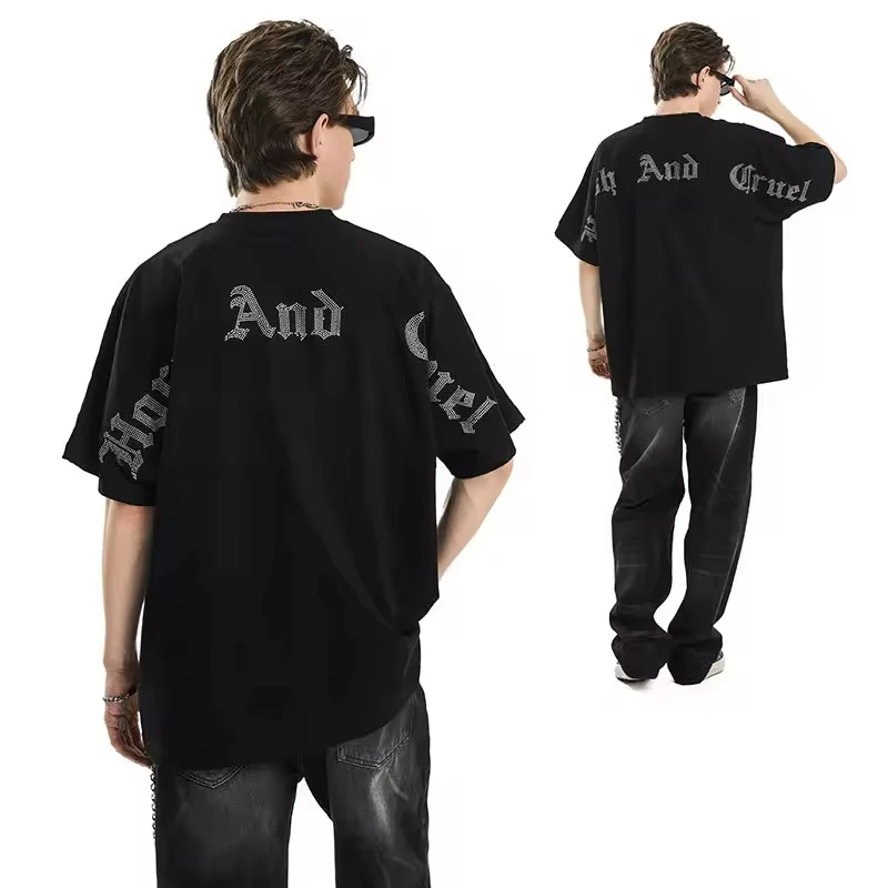 Custom Rhinestone Tshirts Logo High Quality Heavyweight Vintage Tee Blank Plain Bulk Oversized Washed 100 Cotton T Shirt For Men