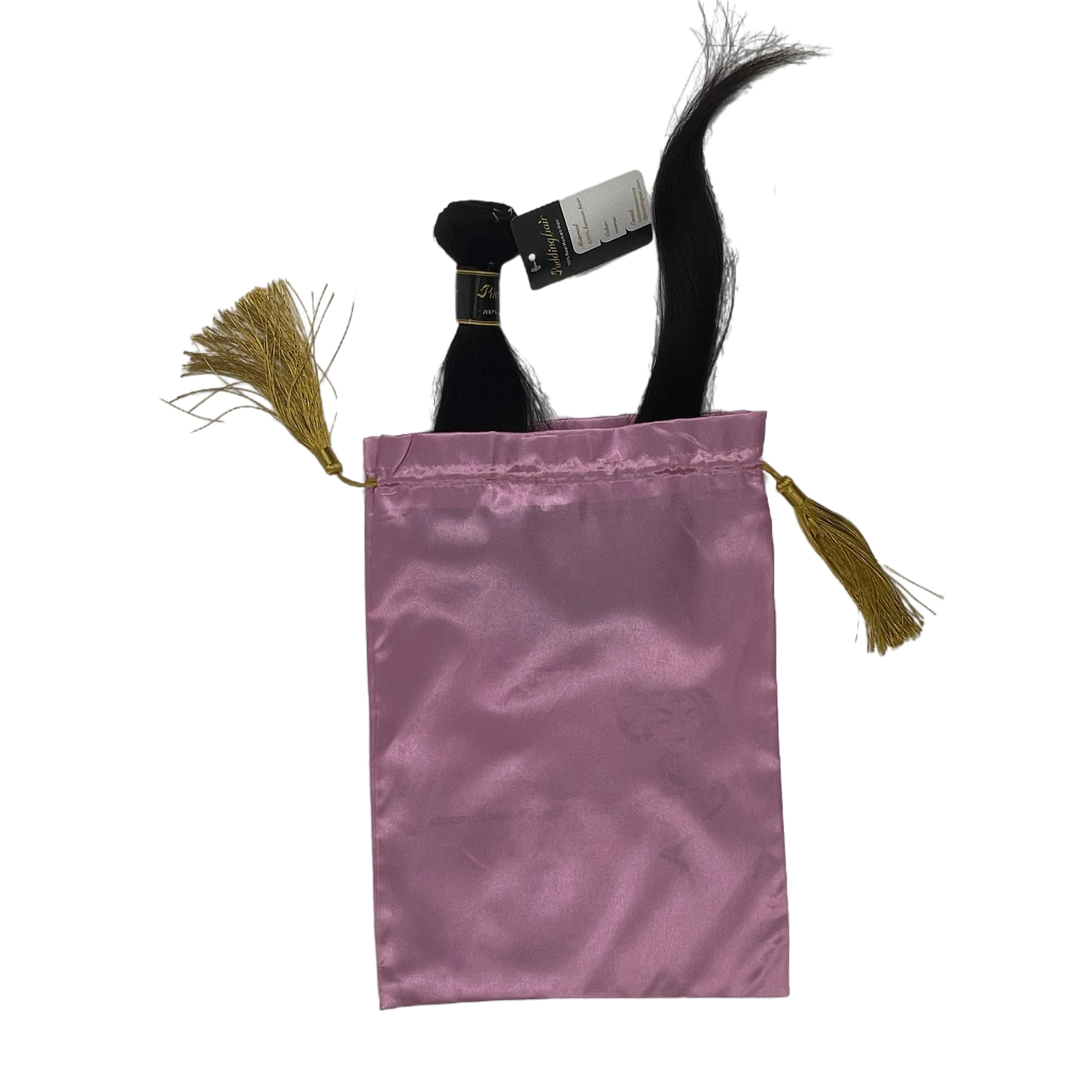 Custom human virgin hair extensions bundle wigs wrap tags packaging packing satin bags with luxury tassel