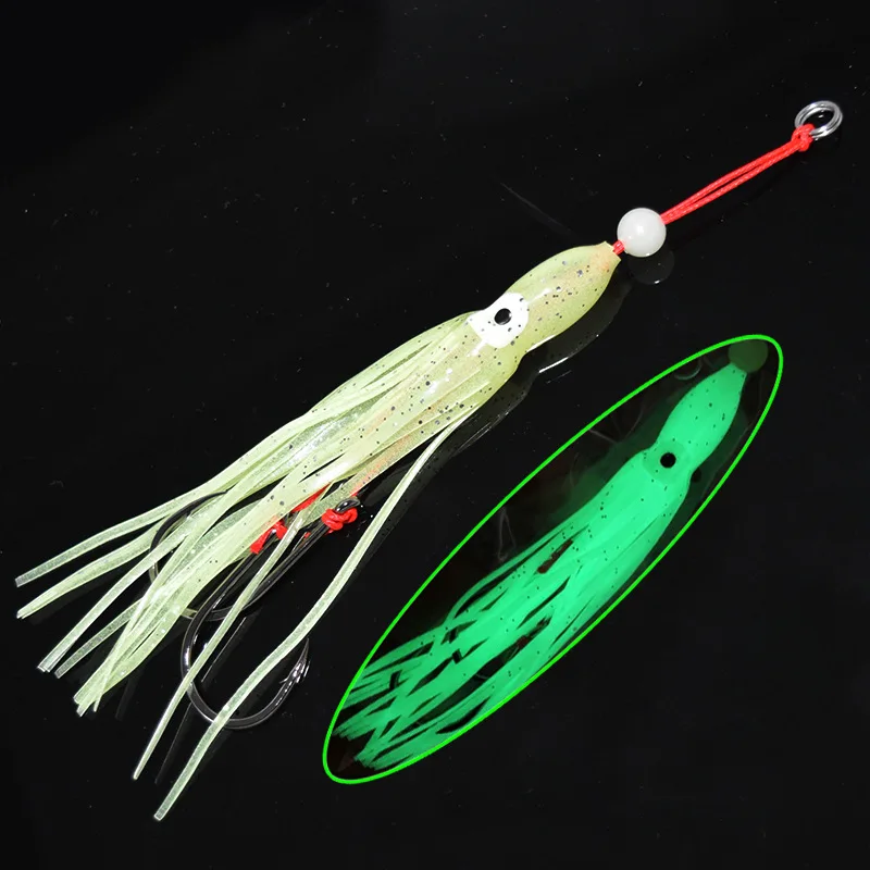 New arrival 120mm soft Fishing trolling Rubber Luminous Octopus Skirt sea fishing Glow Squid Skirt Lure with double hooks