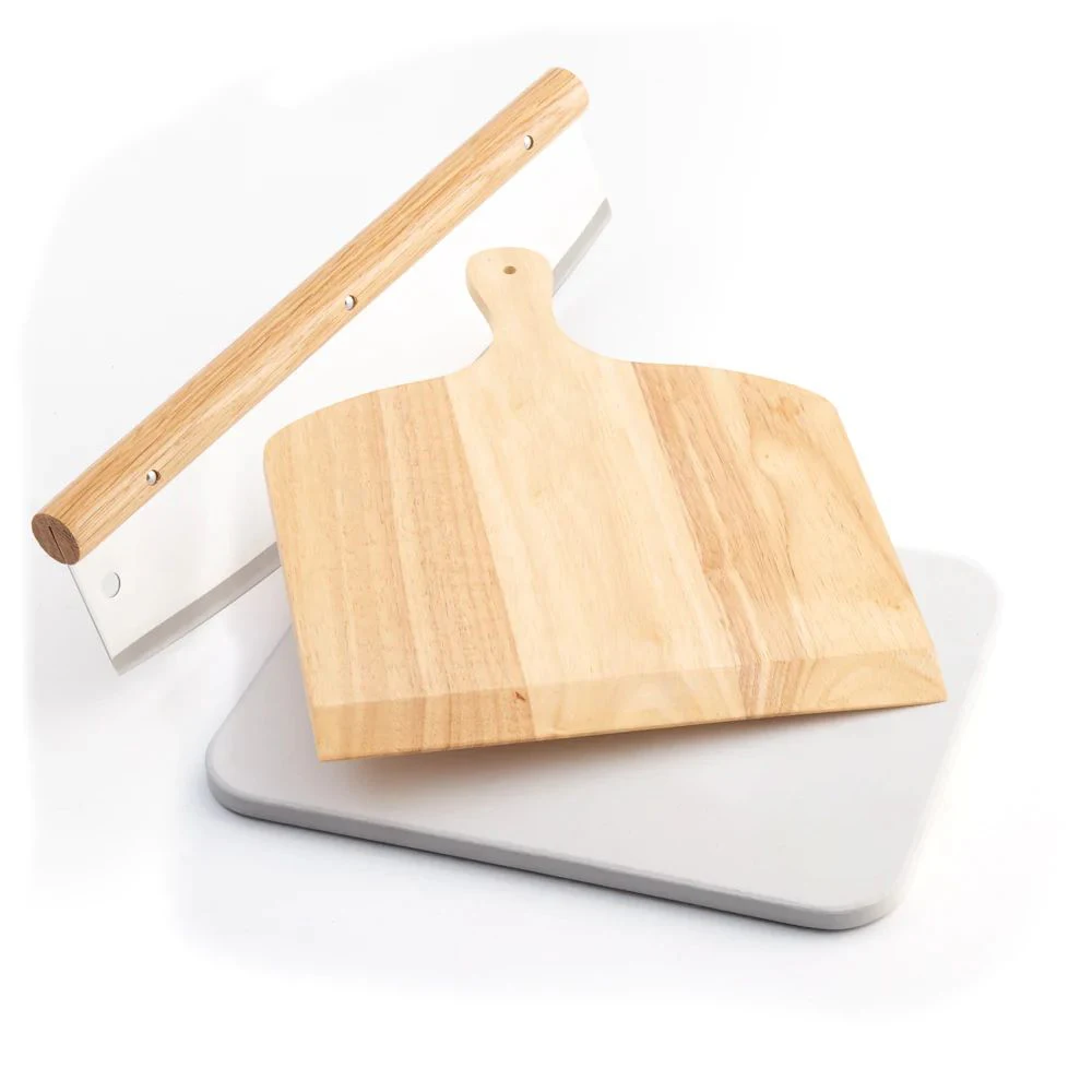 Белый прямоугольный набор камней для пиццы из кордиерита включает в себя деревянную доску и резак идеальное сочетание инструментов