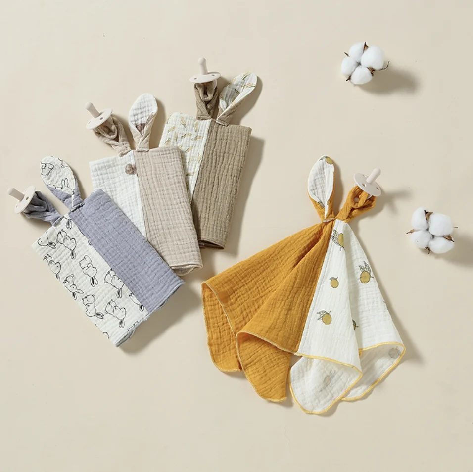 2023 Muslin Baby towel cotton gauze with teething gel nipple for baby sleep comfort bunny absorbent handkerchief saliva