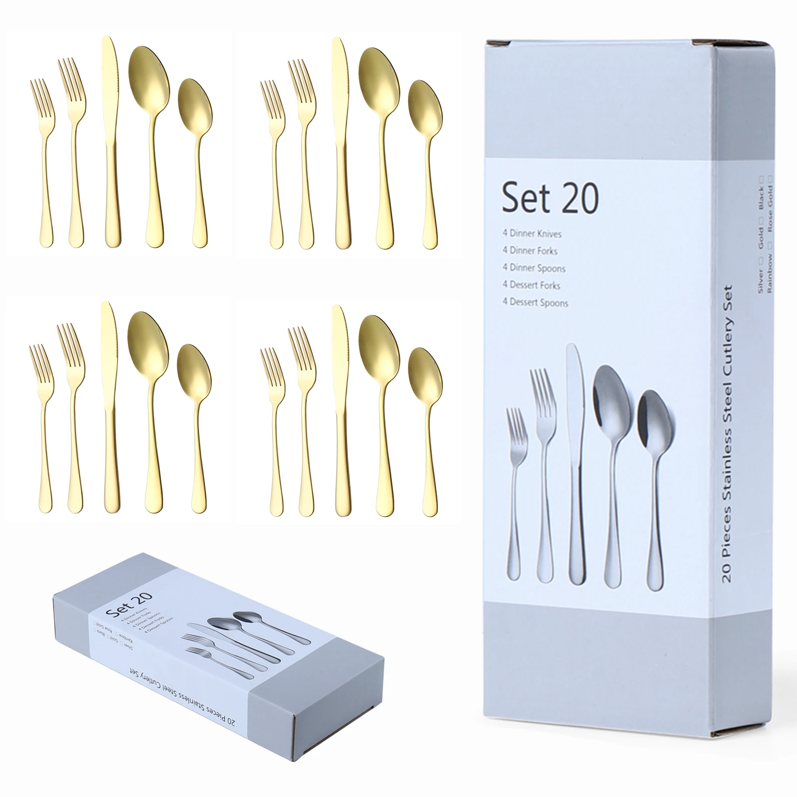 Amazon Hot Selling 20PCS Flatware Gold Plated Silverware Knife Fork Spoon Set Stainless Steel Cutlery Set