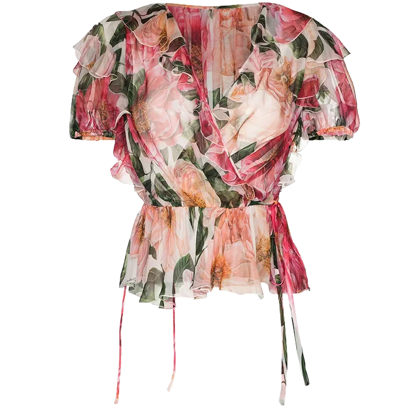 Fashion V Neck Pink Silk Blouse Ladies All Over Floral Print Blouse Fully Short Sleeves Ruffle Top Women Blouse