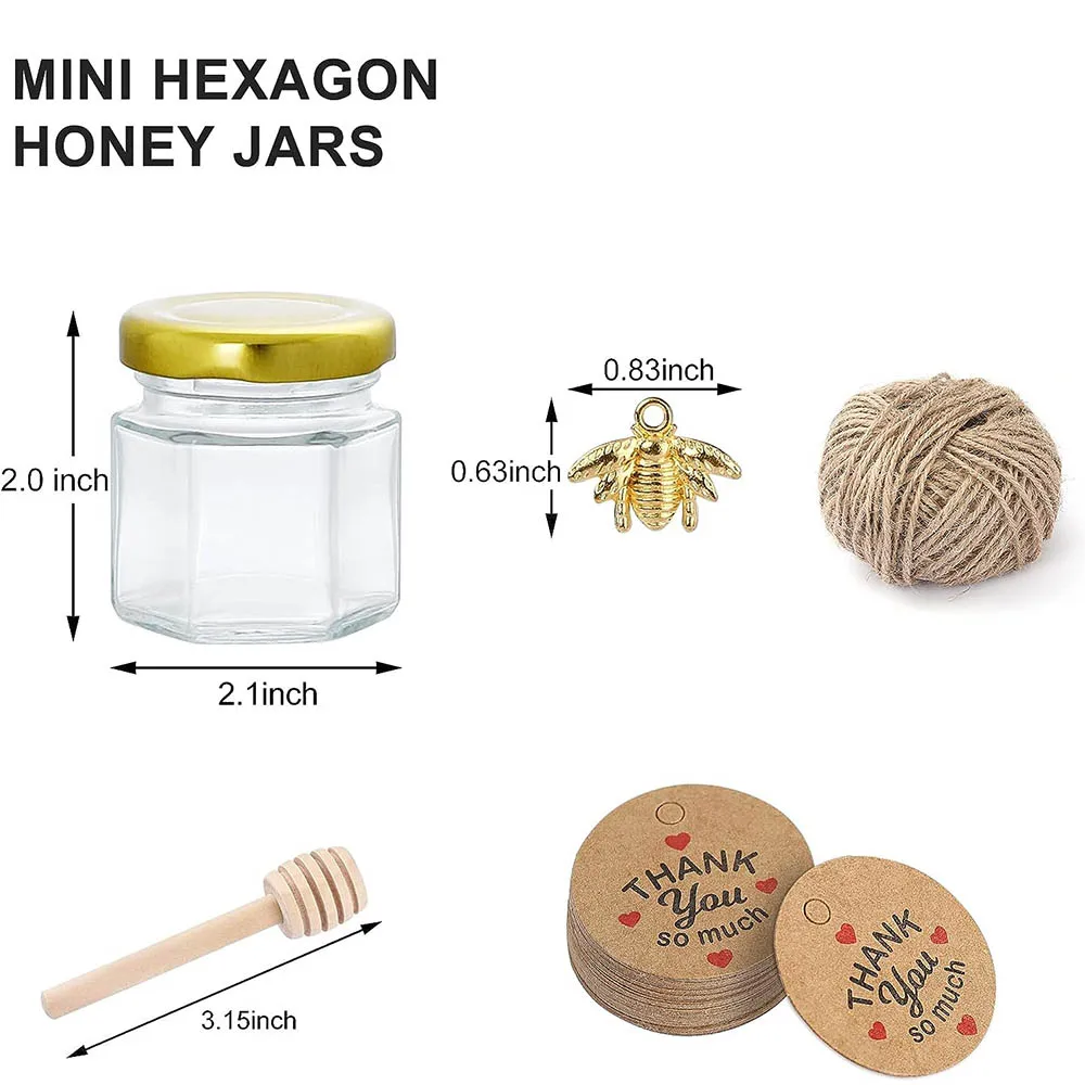 Hexagonal Mini Glass Jar For Honey With Wooden Dipper And Golden Metal Lids
