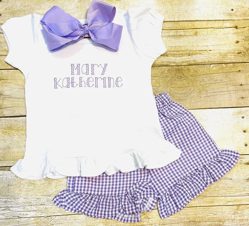 New Arrival Little Girls Two Pieces Outfits Custom Monogram Pink Checkered Seersucker Summer Back To School Clothing