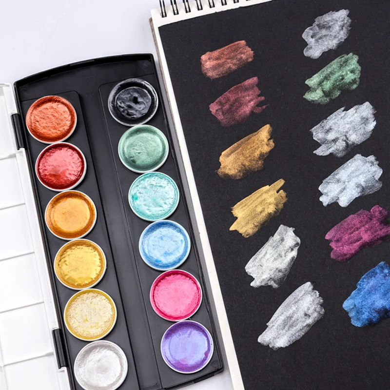 
Amazon Hot 12 Color Artist Metallic Watercolor Paint Set With Water Brush Pen for Painting Glitter Water Colour Pearlescent 