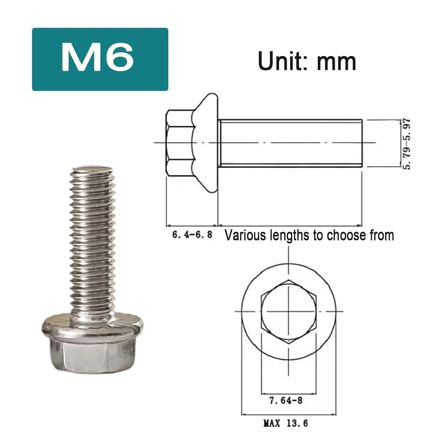 M6x1.0-20mm Flanged Hex Head Bolts, Flange Hexagon Screws, Hanger Bolts