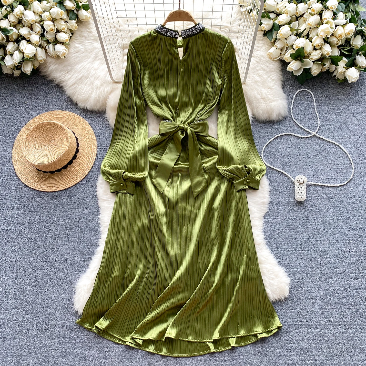 ZT1534 Europe America high-grade sense fashion dress luxury diamond collar slim mid-length satin temperament elegant dress