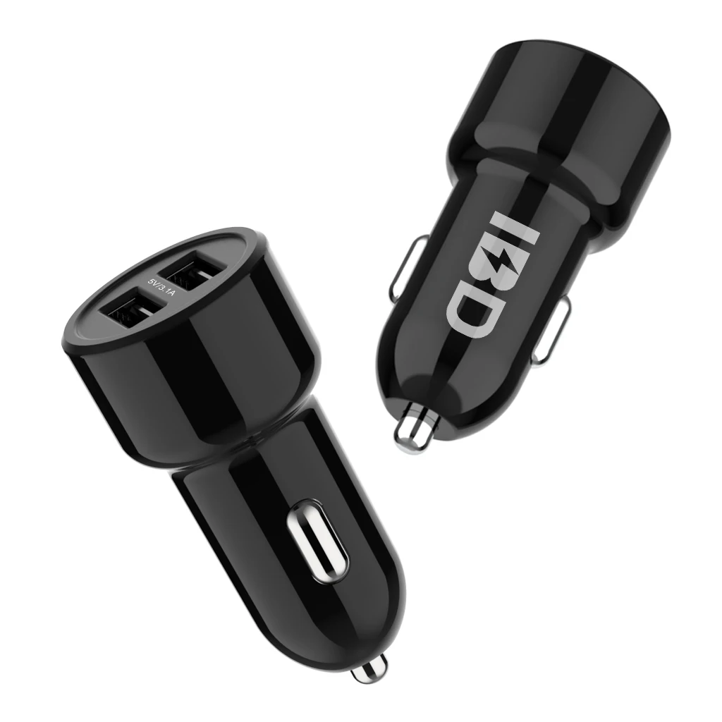 Black OEM Two-port USB Car Charger Built-in Blue LED Light Car Charger with Private Mold for Mobile Phone