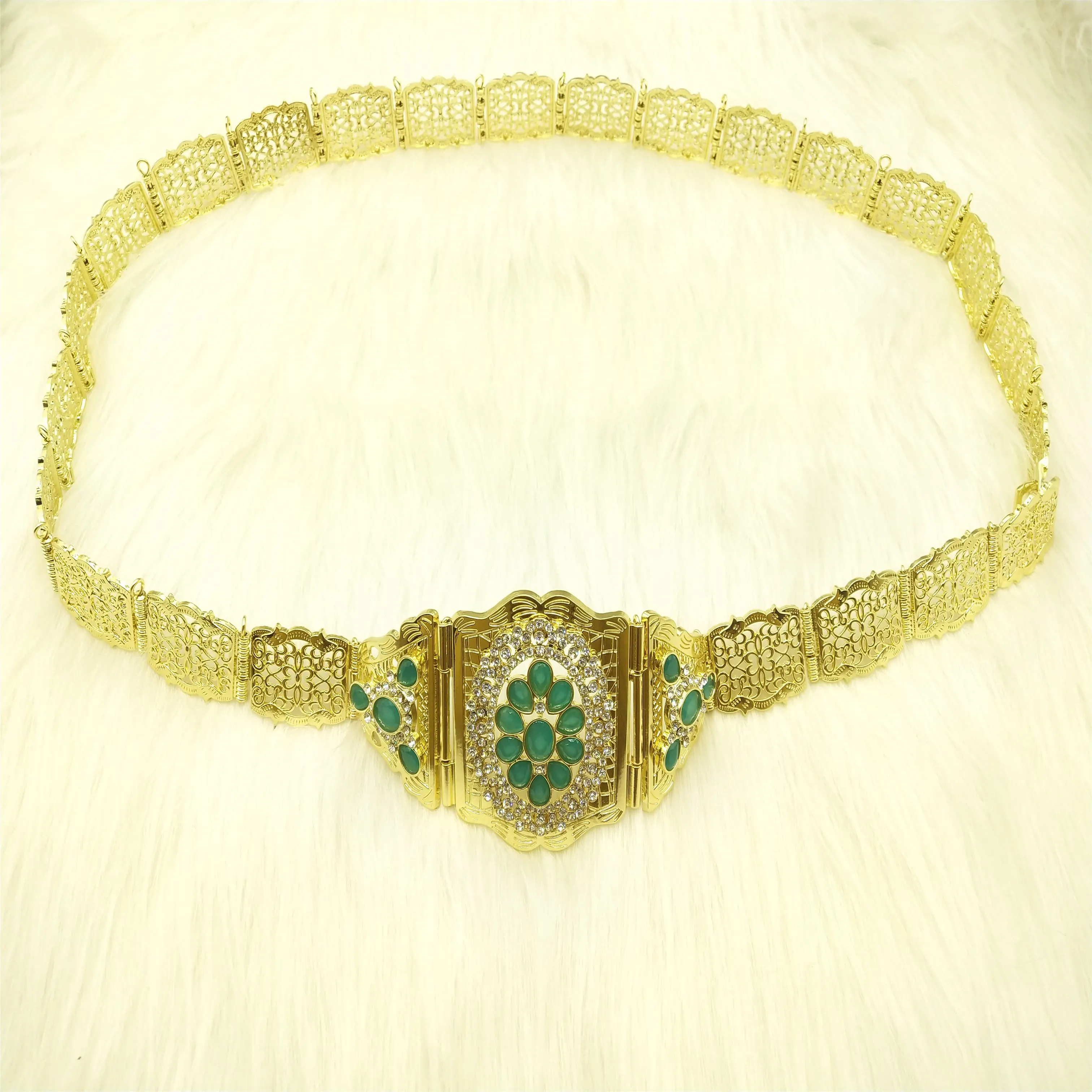 SunspicemsGold Color Crystal Wedding Jewelry Algeria Morocco Belt For Women Arab Robe Caftan Belt Metal Flower Chain Adjustable