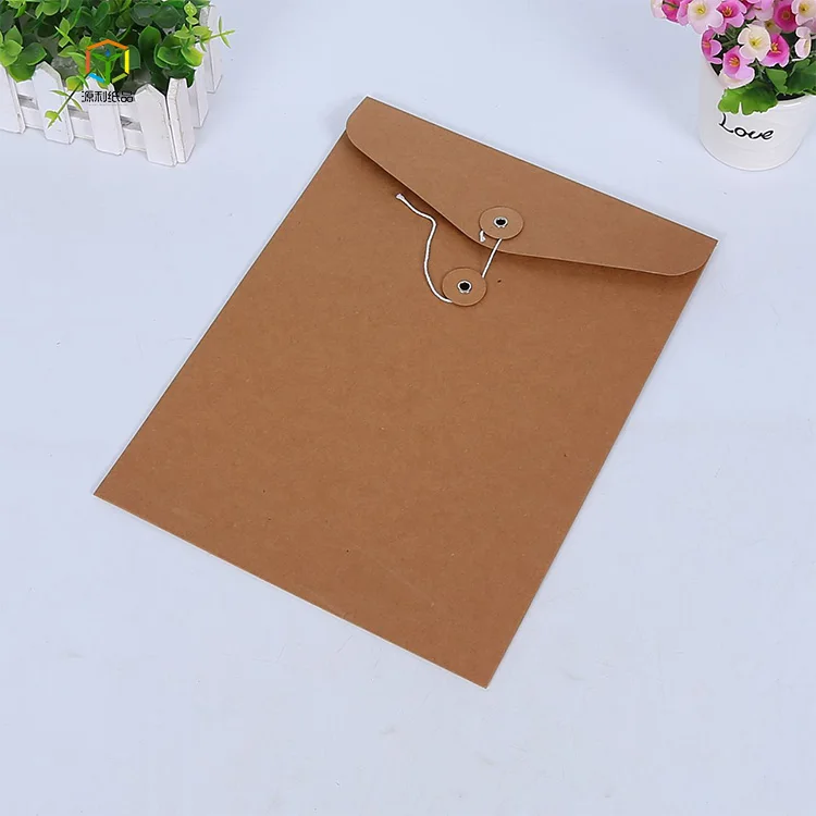 
Recycled custom printing packaging black white brown kraft paper envelope with button and string 