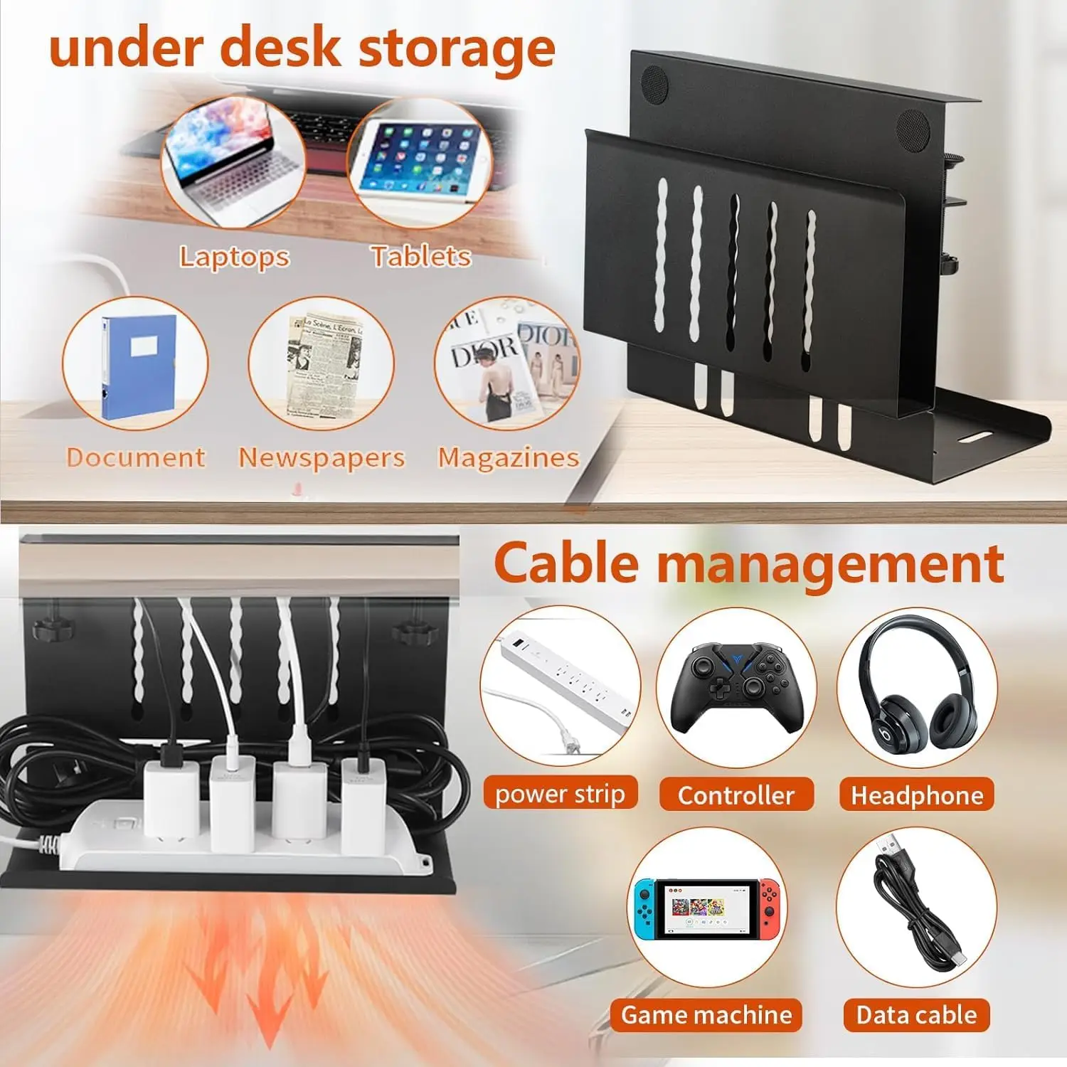 2 in 1 Steel Under Desk Laptop Tray Under Desk Tray Cable Management Side of Desk Storage Cable Tray