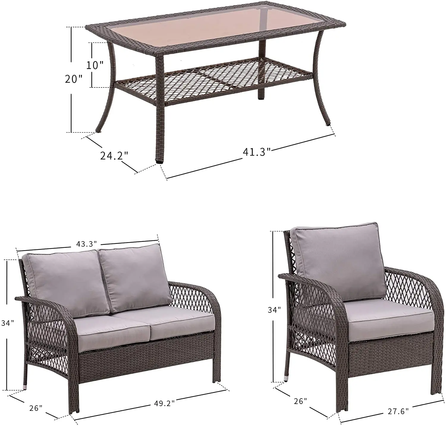 Outdoor Patio Wicker Furniture Set 4 Pieces Wicker Cushioned Set, Rattan Chair