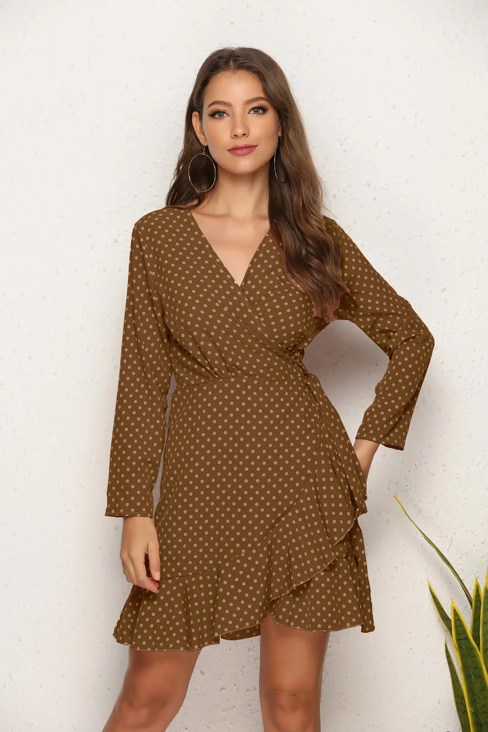 Popular sexy V neck dot print long sleeves Korea sweet design women dress OC106