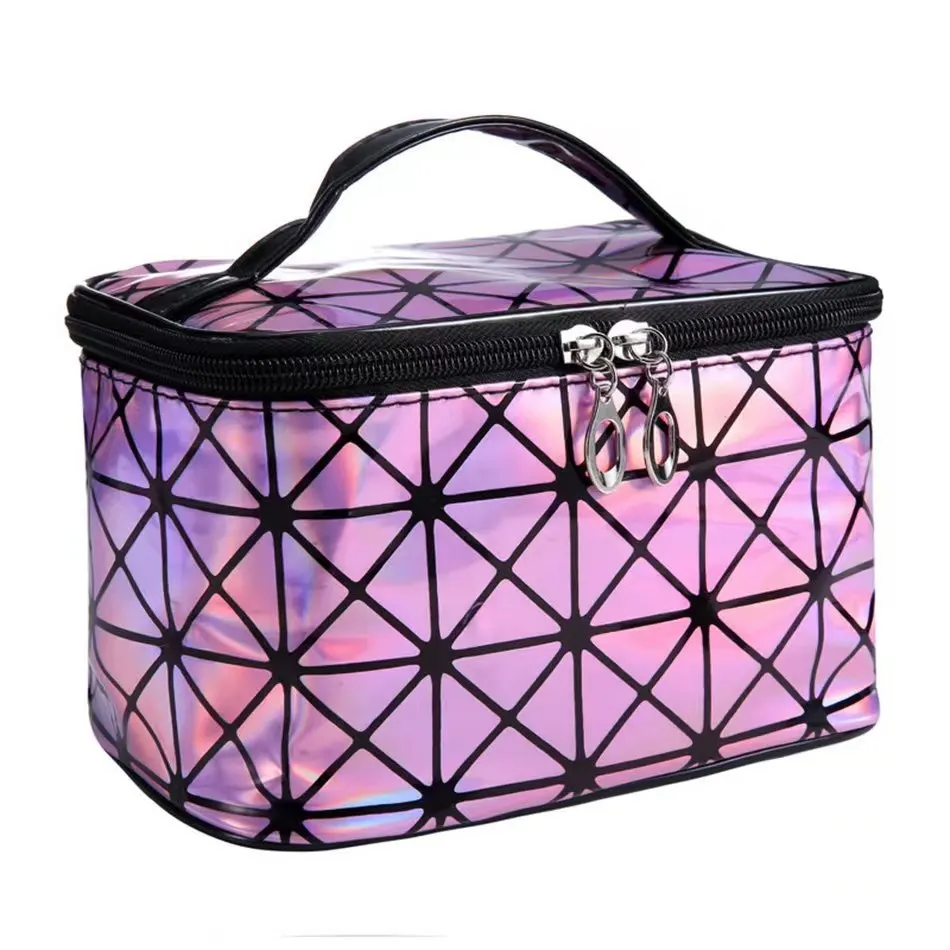 Large capacity Diamond design women Cosmetic Organizer  Storage Case Pu Leather Custom Logo Geometric Makeup Bag with mirror