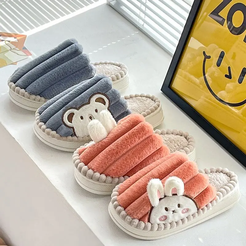 Cute Rabbit Couple Cotton Slippers Female Winter Student Dormitory Stay at Home Anti-slip and Warm Fur Furry Slippers