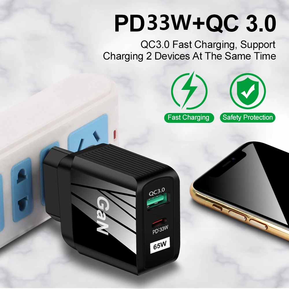 New PD33W QC 3.0 9V12V Super Fast Charging GaN European Standard USA Standard UK standard 65W Gallium nitride USB/ C charger