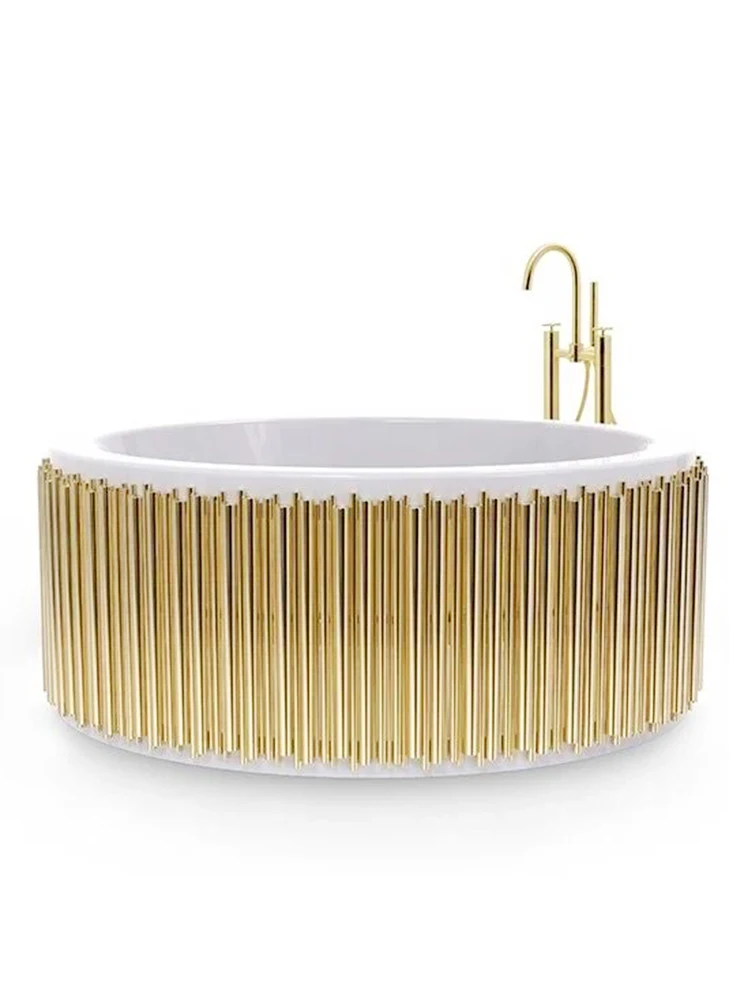 Modern Luxury Simple Bathtub Furniture Gold Stainless Steel Oval Soaking Tub Freestanding Acrylic Bathtub Space-Saving Bathroom