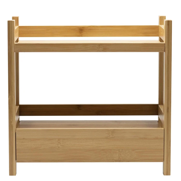 2-Tier Bamboo Wood Countertop Shelf with Drawer Makeup Organizer Desktop Display Stand for Kitchen Bathroom Vanity Counter