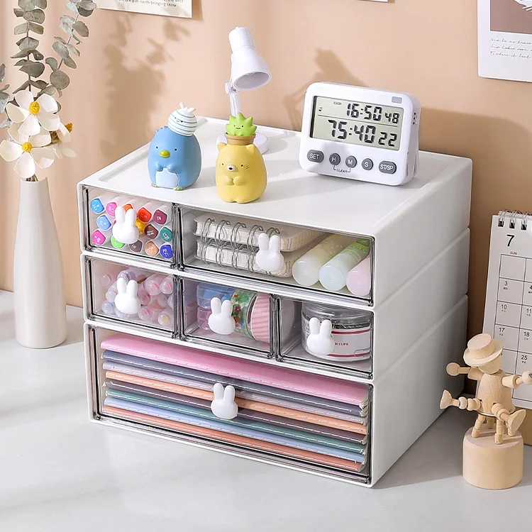 2022 new stationery office supplies transparent drawer white stackable storage box desk organizer