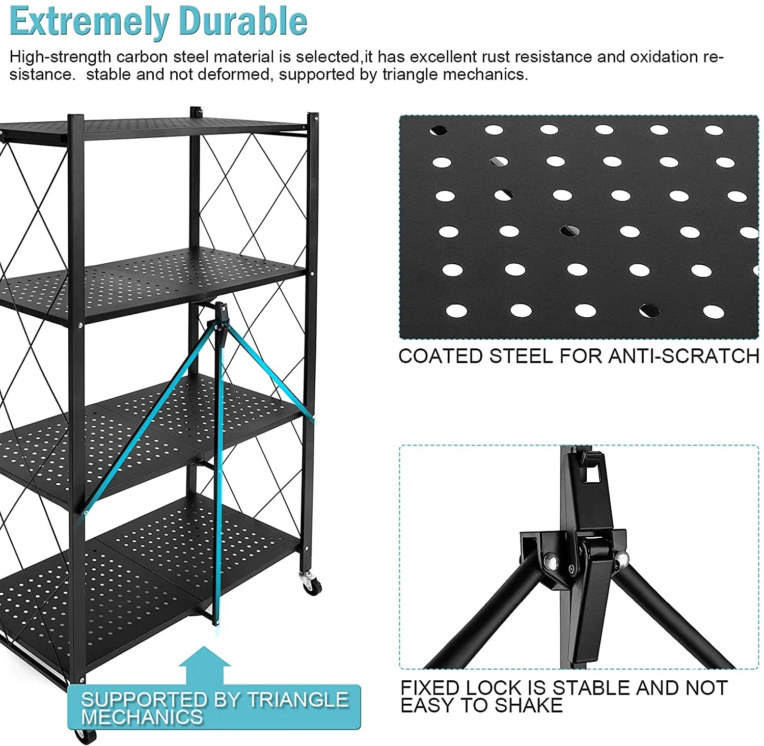 Folding Shelf 5 Tiers Household Steel Storage Shelf Rack No Assembly Kitchen Storage Foldable Rack Shelf On Wheels