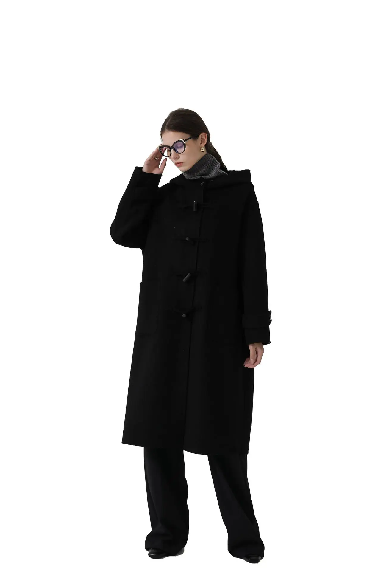 New winter double-sided thickened loose hooded horn buckle extended wool coat for women