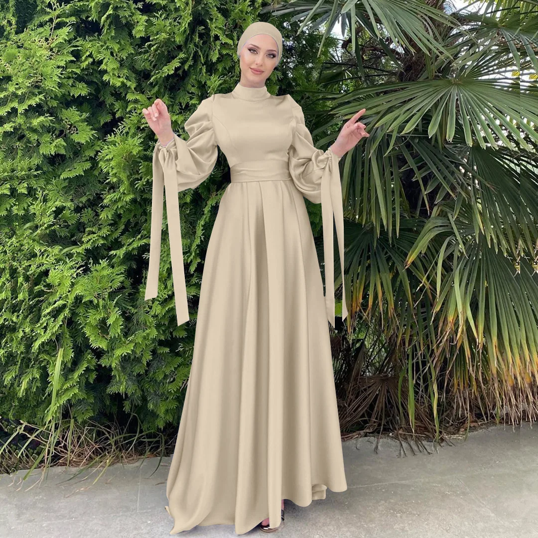 Solid Color Islamic clothing Ramadan Dubai Elegant Muslim Dress Satin Long Maxi Dress Evening Dress Gowns For Women