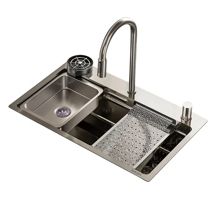 Luxury stainless steel apron farmhouse handmade smart waterfall multi-function kitchen sink
