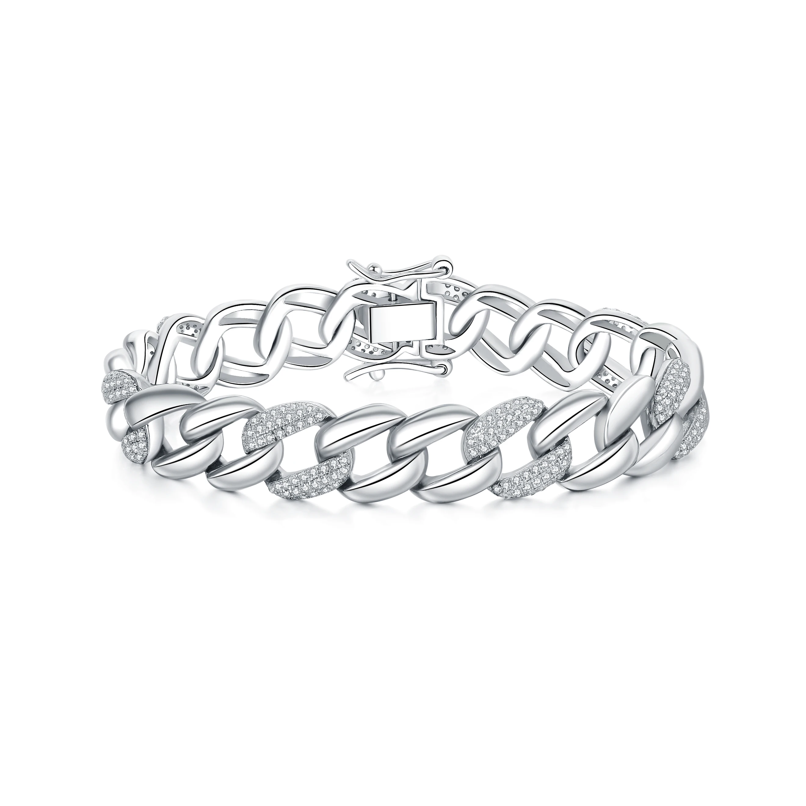 BAROLI Special 925 Sterling Silver White Gold Plated Plain Cubic Zirconia Rock Hiphop Cuban Chain Bracelets Bangles For Women