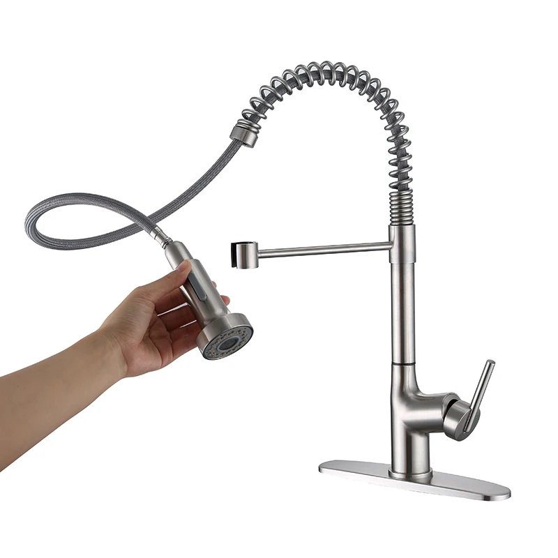 Kitchen Faucet with Pull Down Sprayer Brushed Nickel Stainless Steel Single Handle Pull Out Spring Sink Faucets with Deck Plate