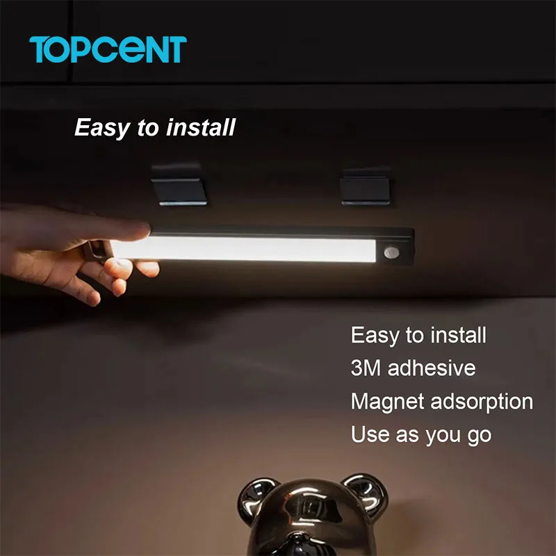 TOPCENT Ultra-Thin Indoor Lighting 3 Color Dimmable 5v Usb Rechargeable Kitchen Cabinet Closet Wardrobe Led Motion Sensor Light