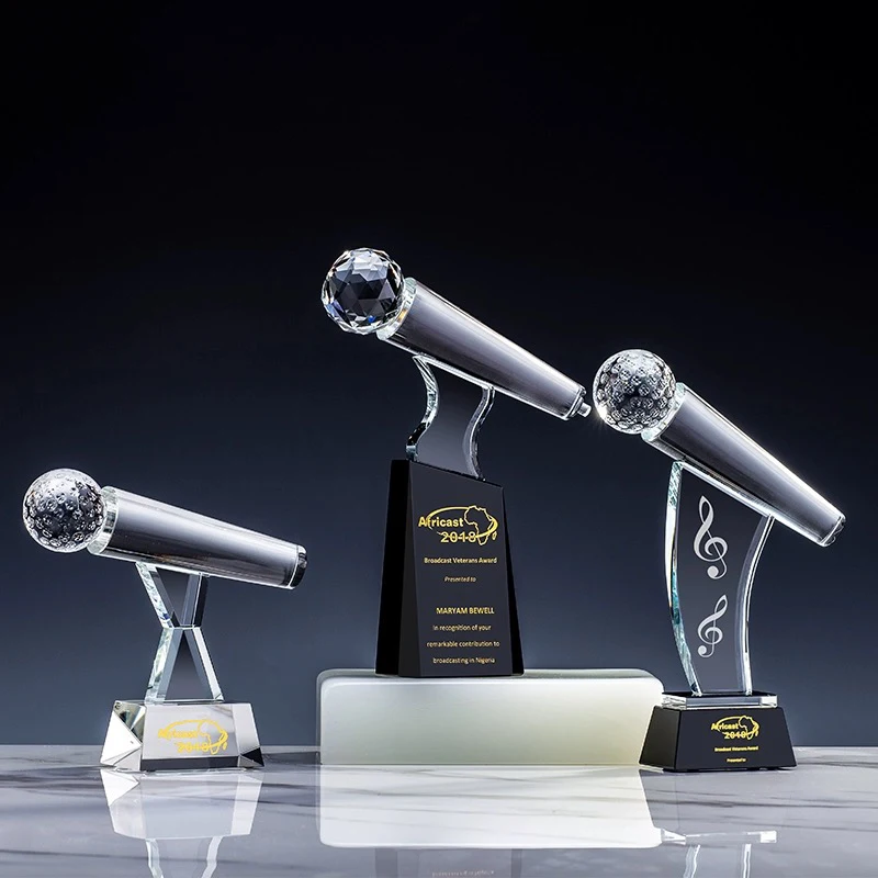 Personalized Glass Microphone Awards Crystal Singer Music Trophy Voice Contest for Talent Show Roving Award