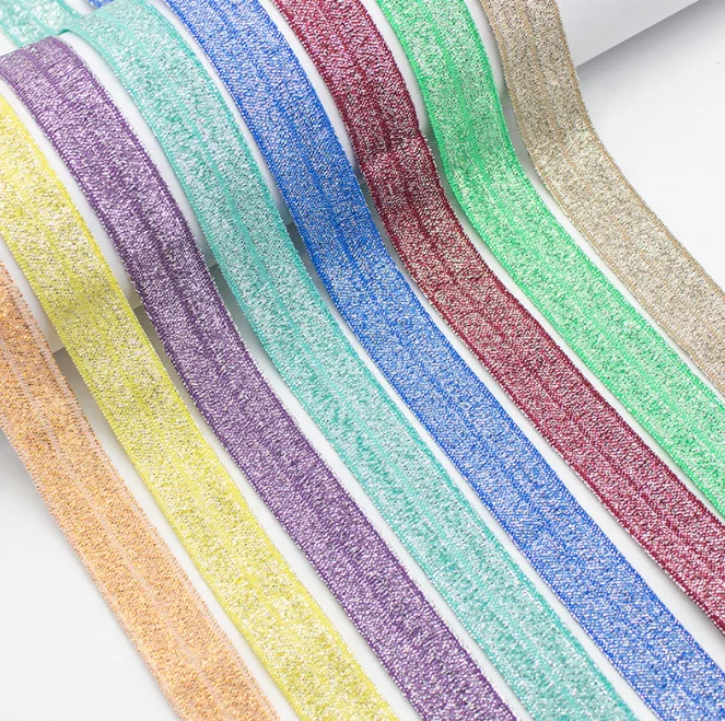 Glitter Metallic Fold Over Elastic Stretch FOE Elastic band for Hair Tie 5/8 Inch Wide Headband Elastic