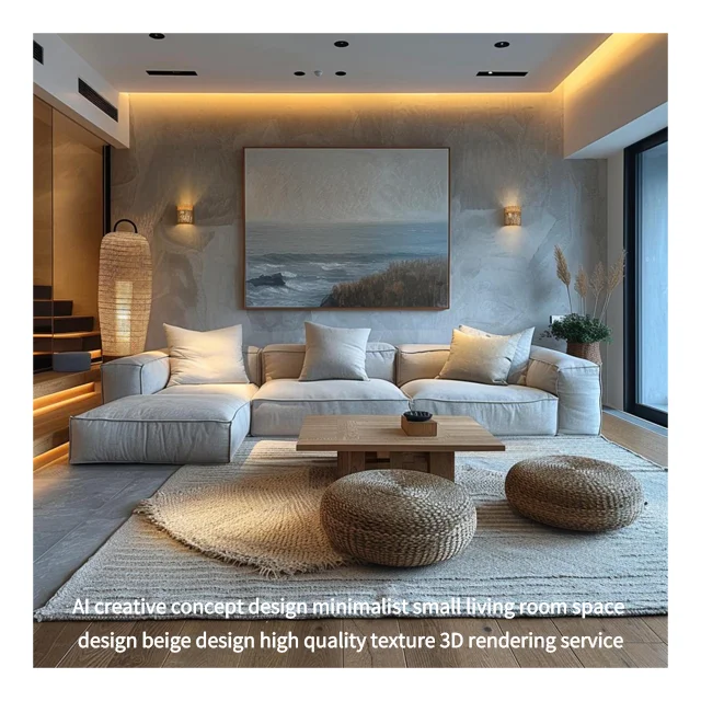 2024 AI Creative Concept Design Minimalist Small Living Room Space Design Beige Design High Quality Texture 3D Rendering Service